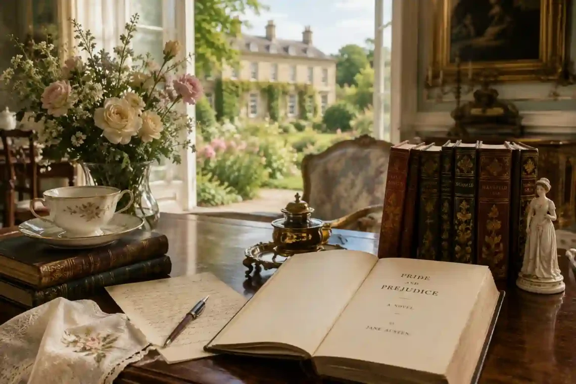 Regency-style reading room with Pride and Prejudice, books, letters, flowers, and an English country house