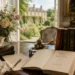 Regency-style reading room with Pride and Prejudice, books, letters, flowers, and an English country house
