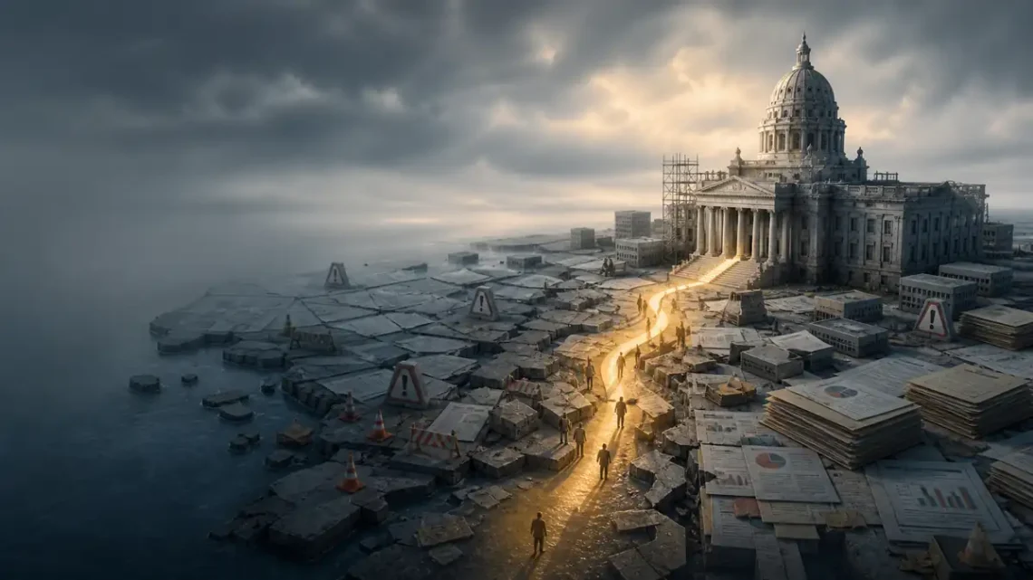 Editorial illustration of government failure and public policy decline with damaged civic infrastructure and a path toward renewal