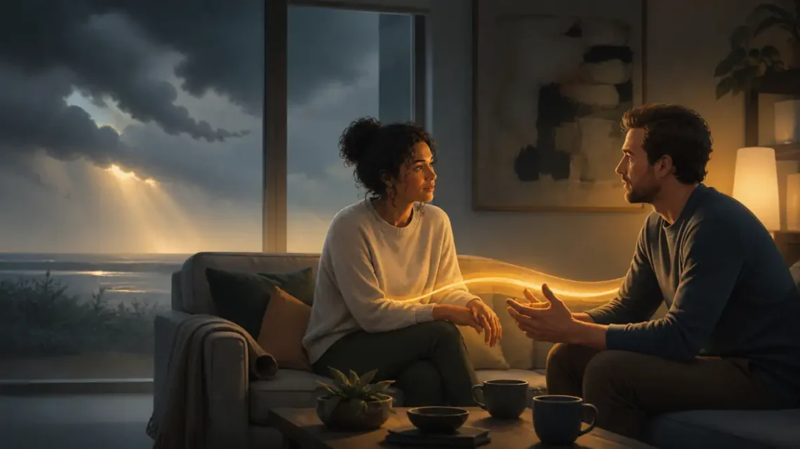 Two people listening through relationship criticism as a storm clears outside