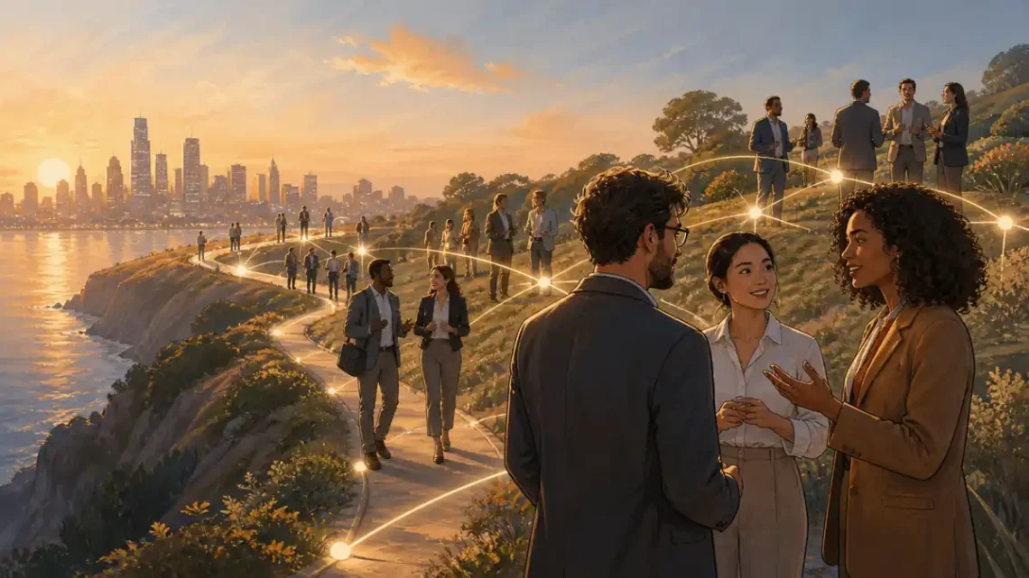 Professionals building a career network along a path toward a city