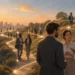 Professionals building a career network along a path toward a city
