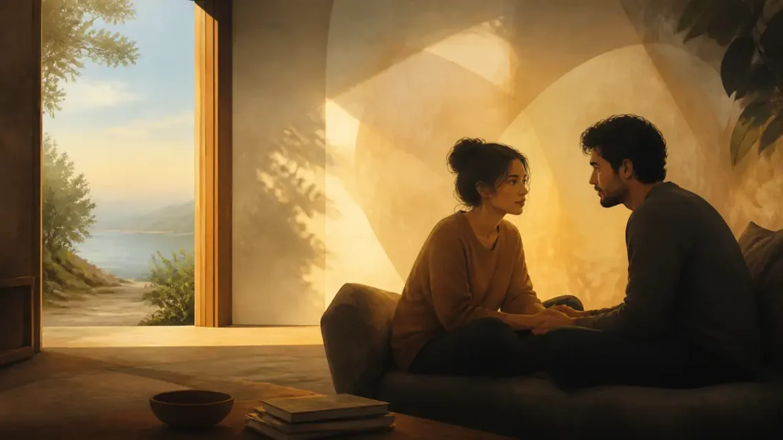 Couple sharing a quiet conversation in a warm room for emotional intimacy