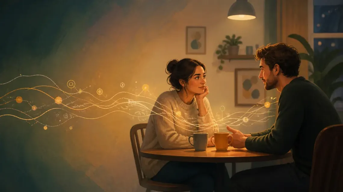 Couple communicating across a table with warm light forming a bridge