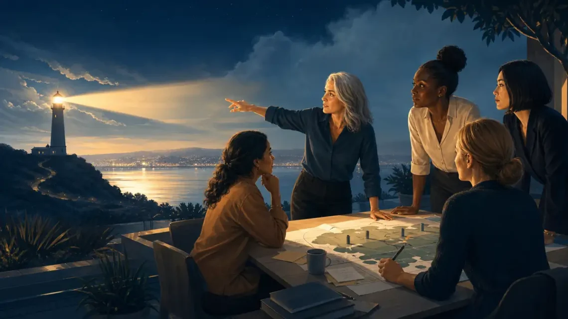 Women leaders guiding a map beside a lighthouse at dusk