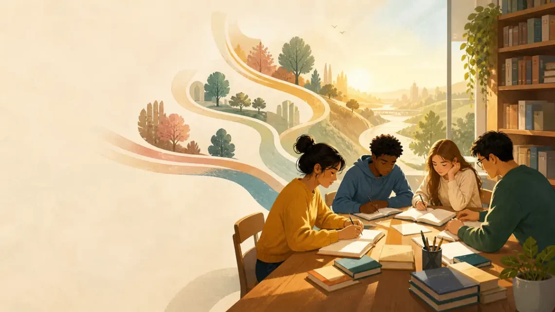 Diverse students studying together beside branching paths and a library