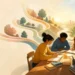 Diverse students studying together beside branching paths and a library
