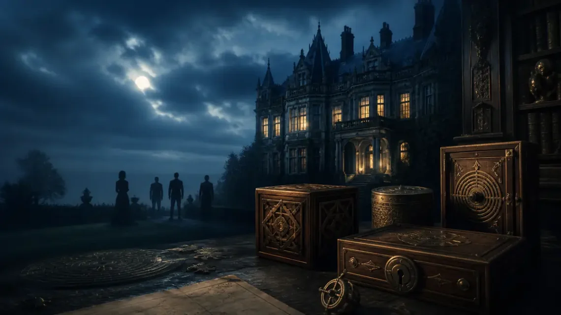 Atmospheric mansion, puzzle boxes, and rival heirs in a literary mystery scene