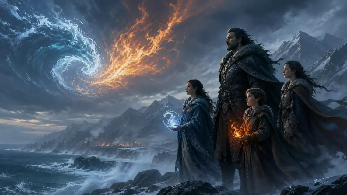 Elemental fantasy family of warriors on an icy coast with fire and water powers