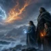 Elemental fantasy family of warriors on an icy coast with fire and water powers