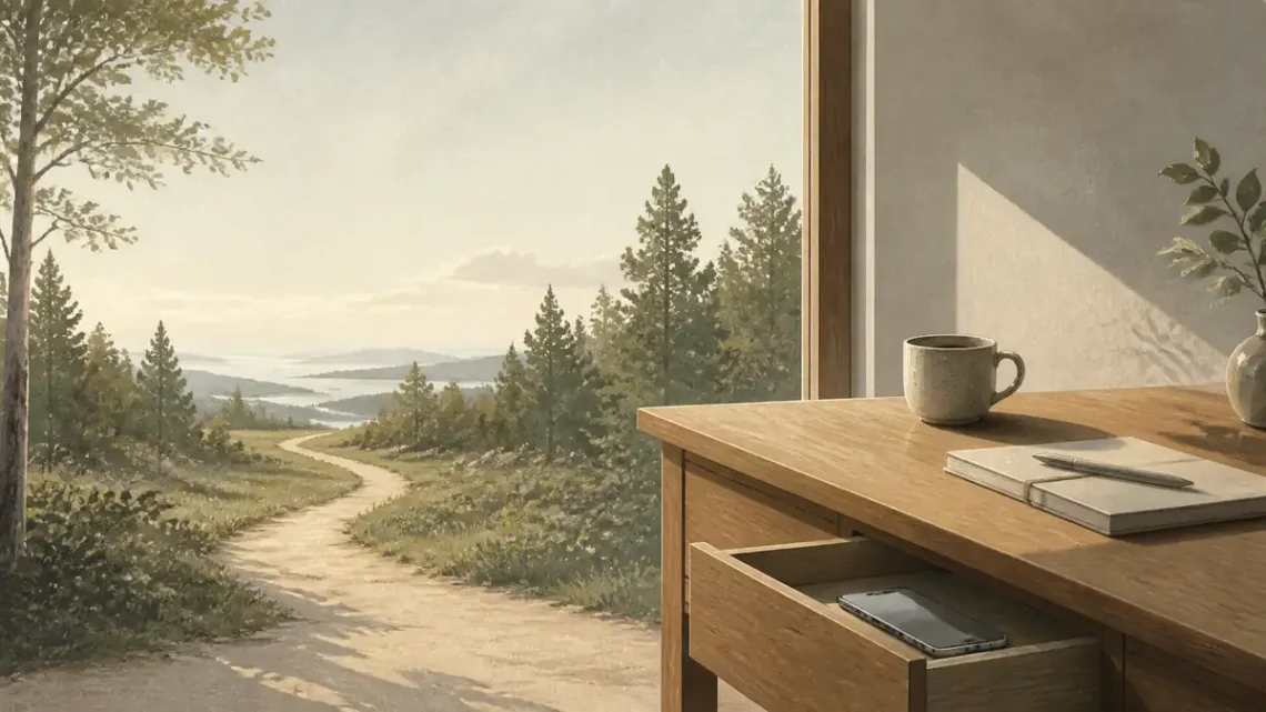 Quiet digital minimalism scene with a phone in a drawer and a woodland path