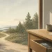 Quiet digital minimalism scene with a phone in a drawer and a woodland path