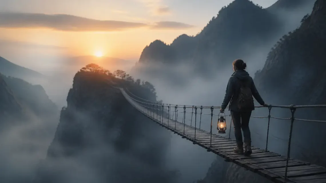 Person crossing a misty mountain bridge with a lantern to represent courage