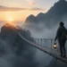 Person crossing a misty mountain bridge with a lantern to represent courage