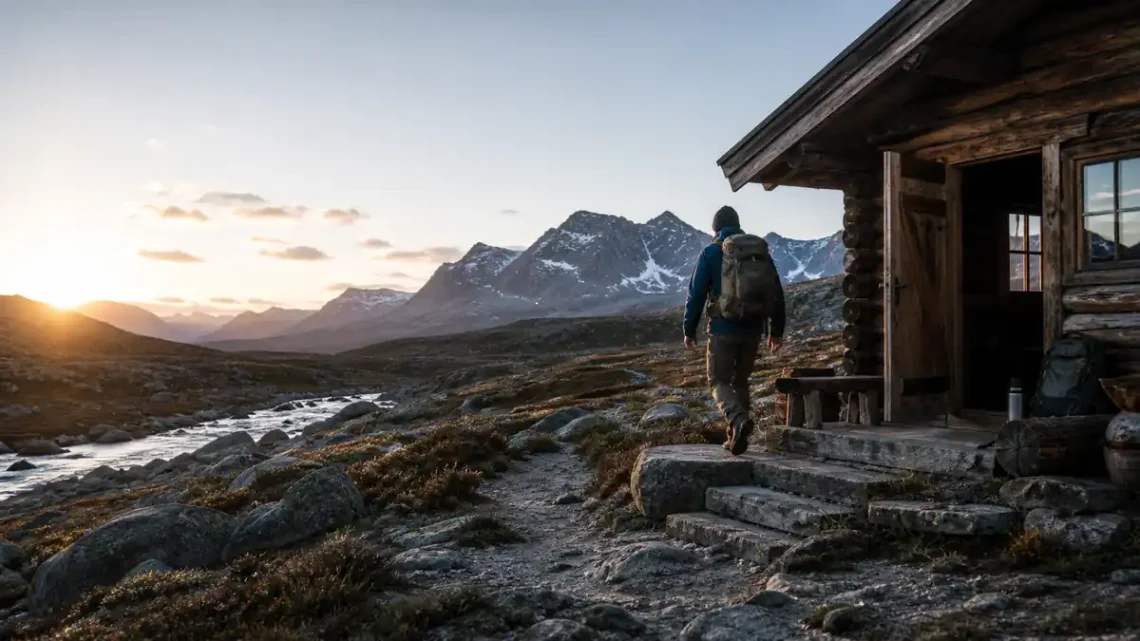Person leaving a cabin for a rugged mountain path to represent resilience