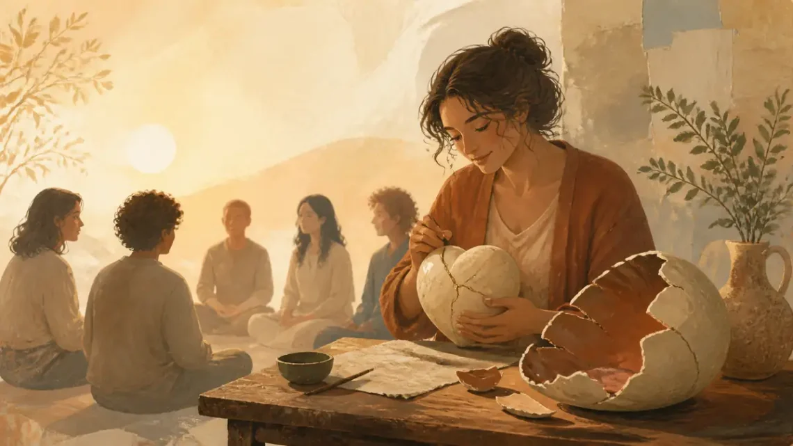 Person mending a cracked ceramic heart in a warm scene of self-acceptance