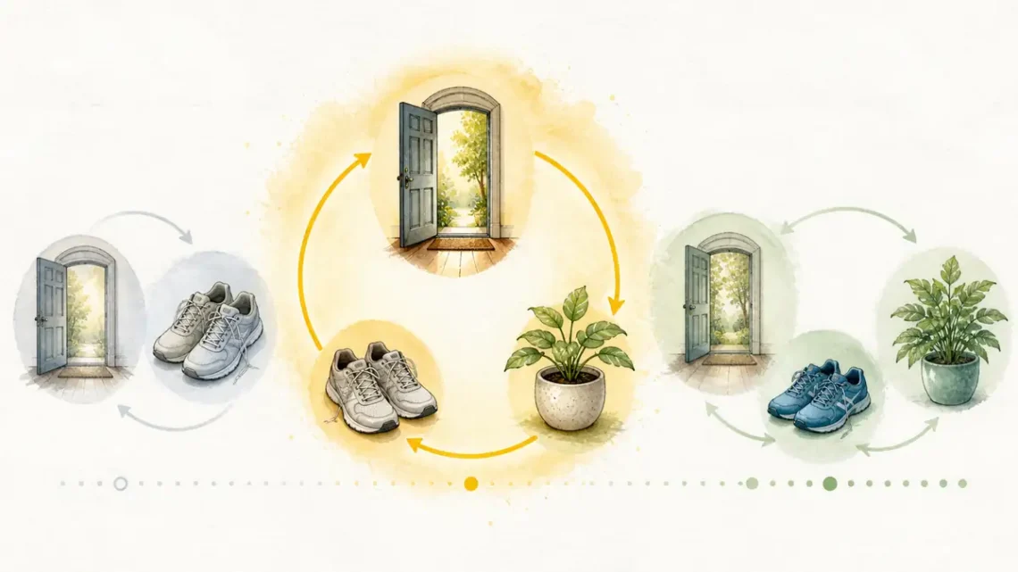Illustration of habit loops connecting a door, running shoes, a plant, and daily routines