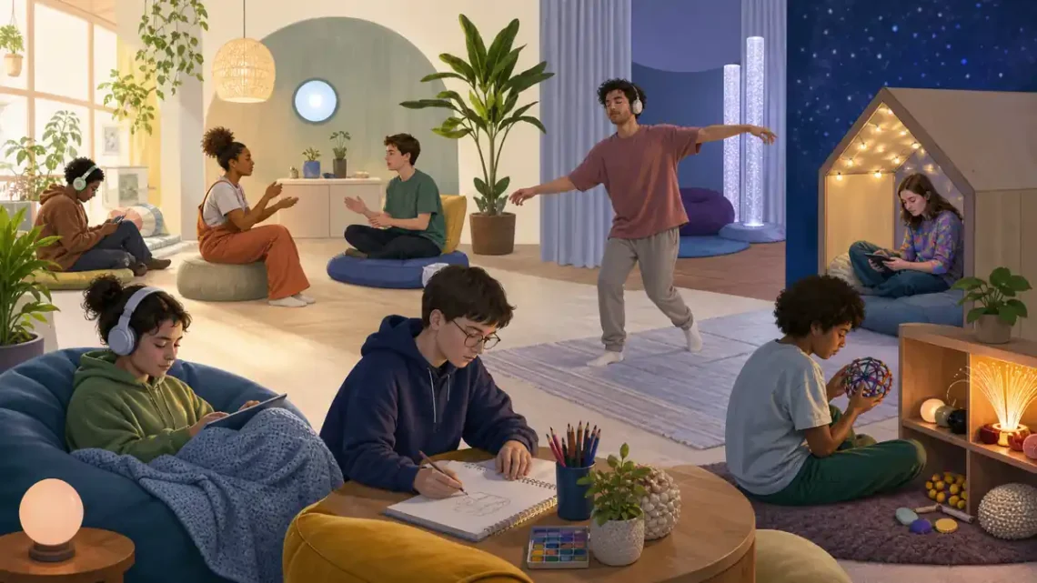 Inclusive sensory-friendly space with autistic people engaged in varied activities