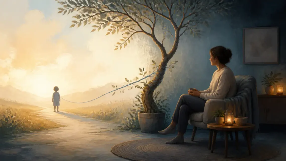 Adult figure connected to a childhood silhouette by a healing tree for attachment wounds