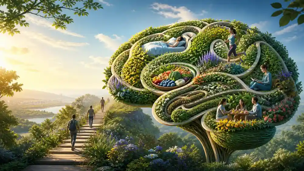 Brain-shaped garden combining sleep, exercise, nutrition, learning, and connection
