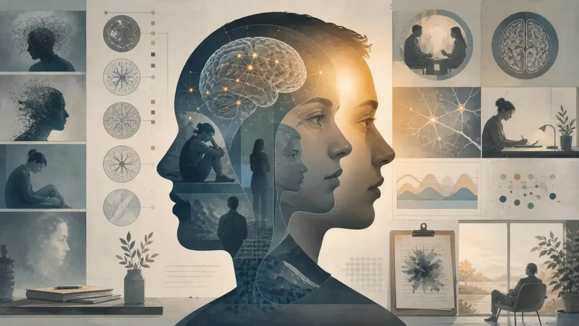 Educational illustration of layered human profiles and clinical psychology study