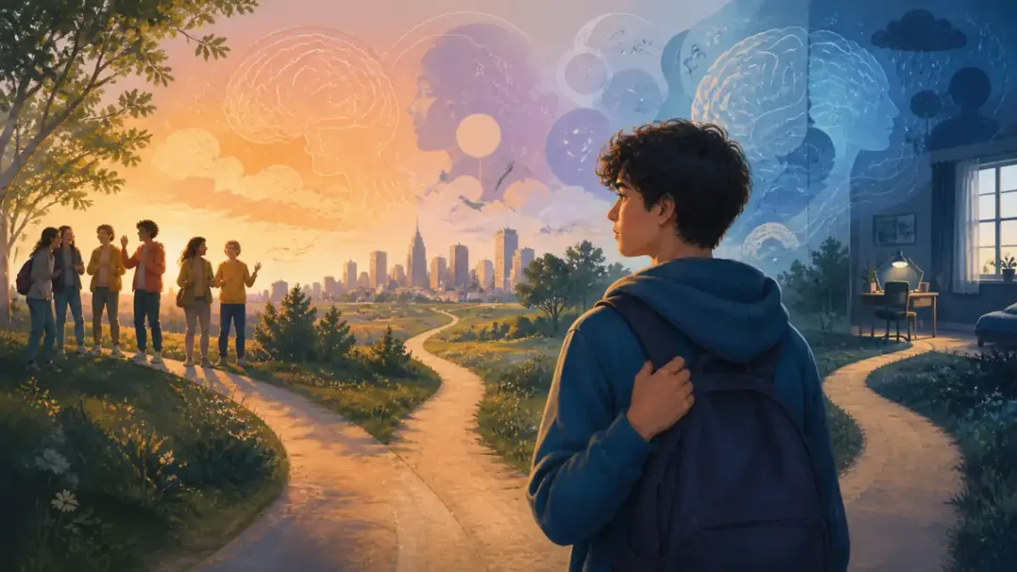 Teenager choosing a path between friends, psychology, and a city horizon