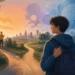 Teenager choosing a path between friends, psychology, and a city horizon