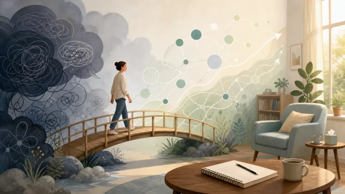 Calm therapy scene showing a bridge from tangled thoughts to clearer pathways