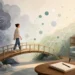 Calm therapy scene showing a bridge from tangled thoughts to clearer pathways