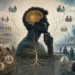 Editorial illustration connecting ancient human life, social behavior, and modern cities for evolutionary psychology