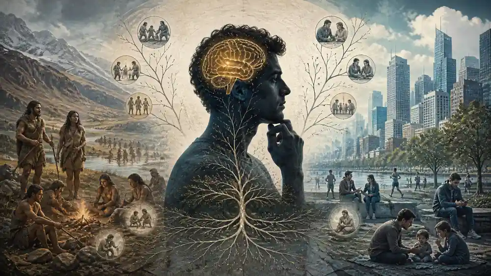 Editorial illustration connecting ancient human life, social behavior, and modern cities for evolutionary psychology