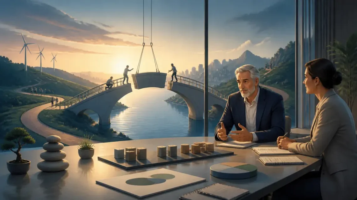 Two executives negotiating across a table while assembling a bridge between landscapes