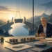 Two executives negotiating across a table while assembling a bridge between landscapes