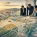 Leadership team studying a city and market map for corporate strategy