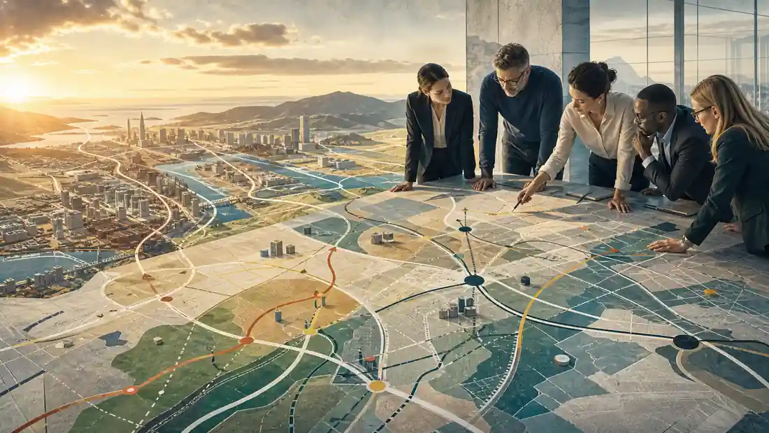 Leadership team studying a city and market map for corporate strategy