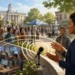 Public relations communicator linking a community event, microphone, and audience