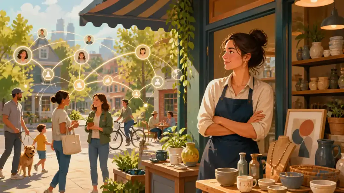 Small business owner connecting a neighborhood shop with local customers