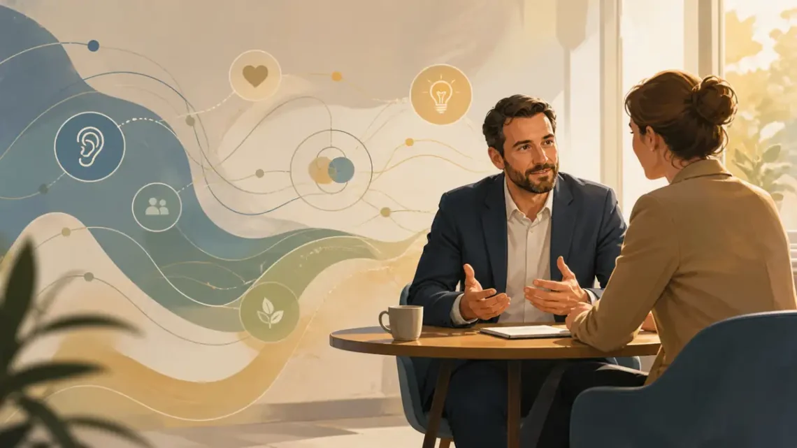 Ethical sales psychology conversation showing listening and trust between two professionals