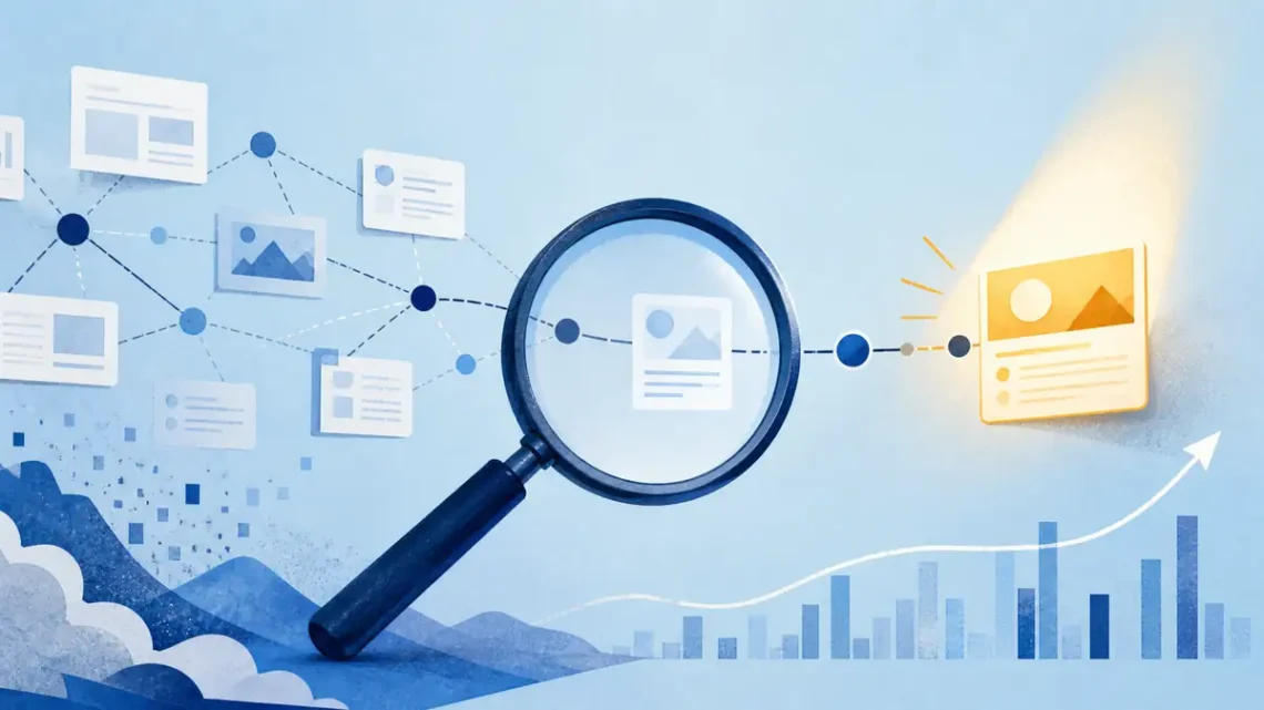 Editorial illustration of search engine optimization with a magnifying glass, connected content, and rising analytics