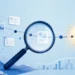 Editorial illustration of search engine optimization with a magnifying glass, connected content, and rising analytics
