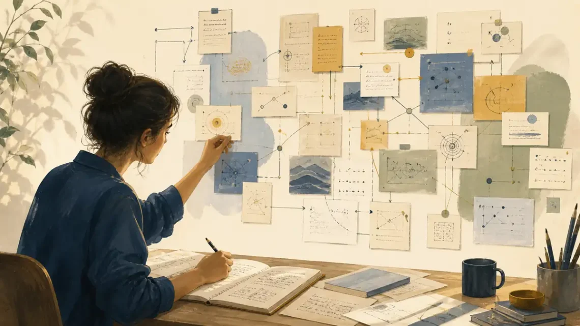 Editorial illustration of a student arranging abstract notes and memory threads into a clear map