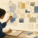 Editorial illustration of a student arranging abstract notes and memory threads into a clear map