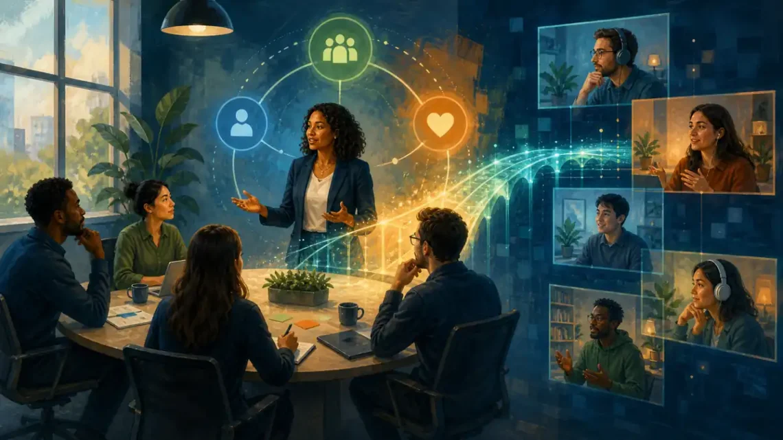 Editorial illustration of a hybrid team connected across a room and remote windows by a bridge of light