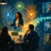 Editorial illustration of a hybrid team connected across a room and remote windows by a bridge of light