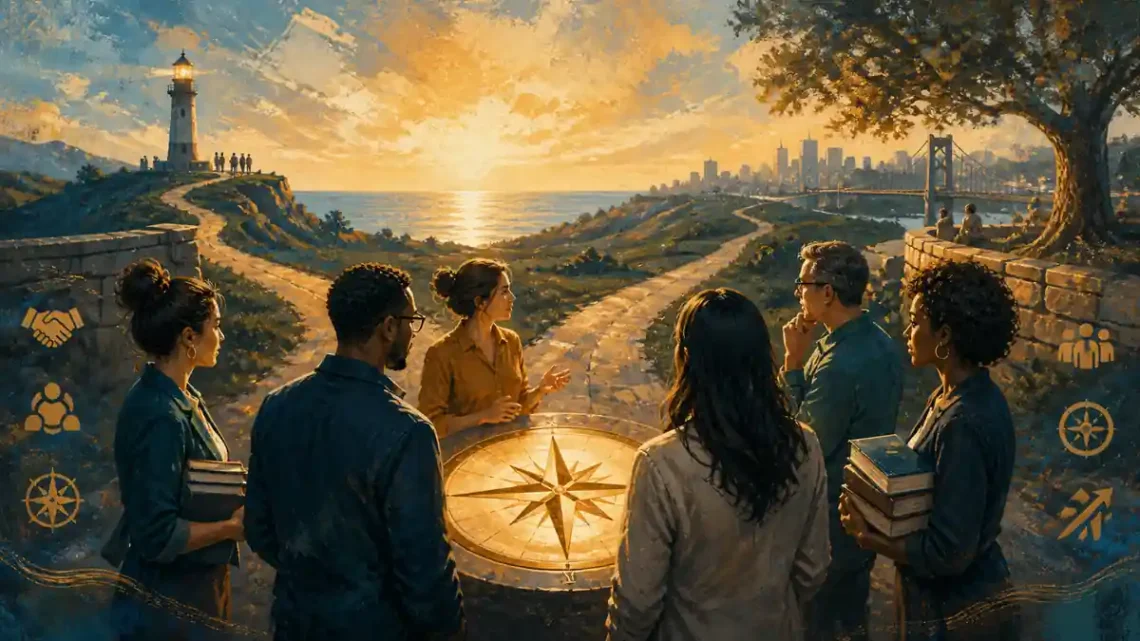 Editorial illustration of a diverse team following a luminous compass toward shared purpose and leadership