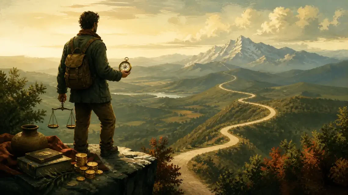 Editorial illustration of a traveler weighing a compass and scale on a mountain path toward a well-lived life