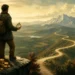 Editorial illustration of a traveler weighing a compass and scale on a mountain path toward a well-lived life