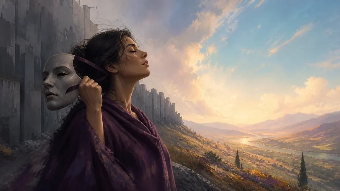 Editorial illustration of a person removing a mask and stepping into an open valley for self-acceptance
