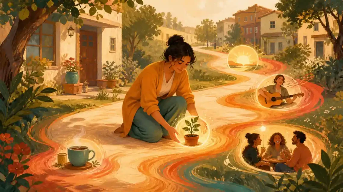 Editorial illustration of small glowing moments along a path representing joy, habits, and everyday well-being