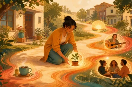 Editorial illustration of small glowing moments along a path representing joy, habits, and everyday well-being